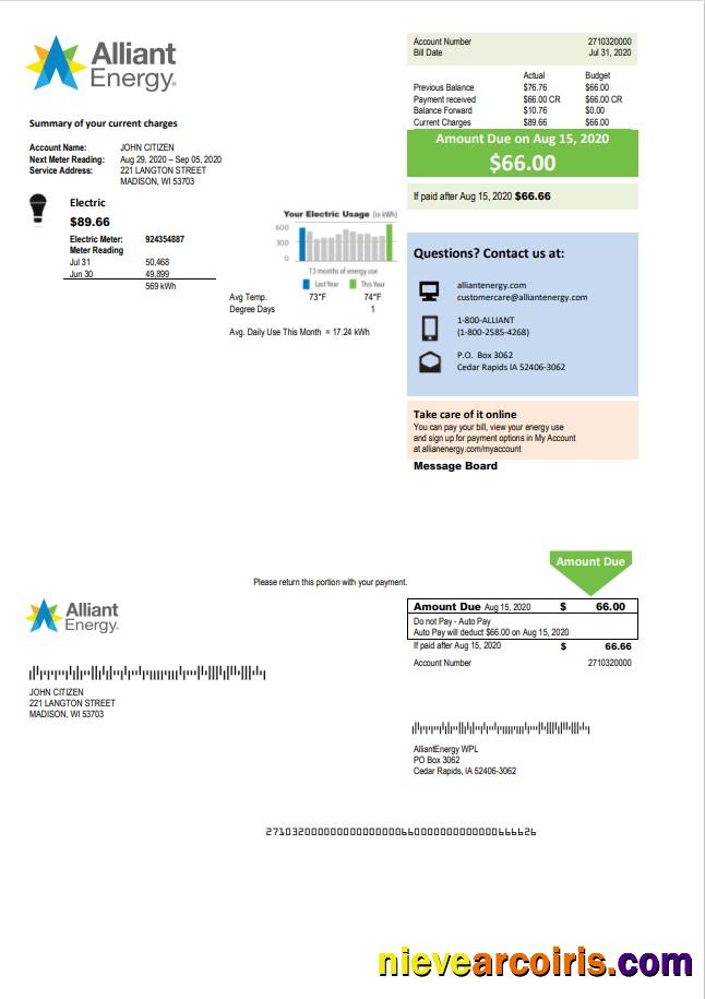 USA Wisconsin Alliant Energy electricity utility bill